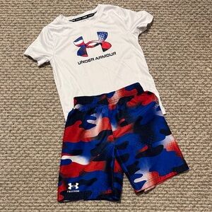 Under Armour White Swim Tee with Red and Blue Camo Swim Shorts